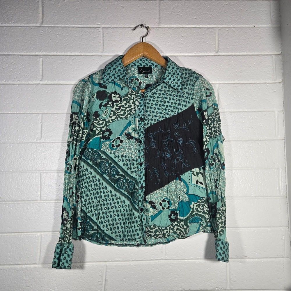 Vtg Y2K Embroidered 100% Silk Patchwork Button Shirt Top Oversized Paisley  Boho